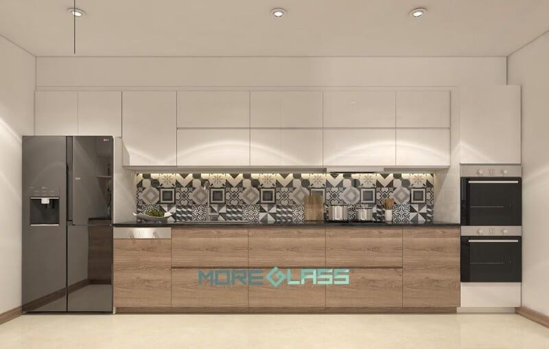 Mẫu tranh kính ốp bếp 3D là xu hướng thịnh hành được nhiều gia chủ lựa chọn.